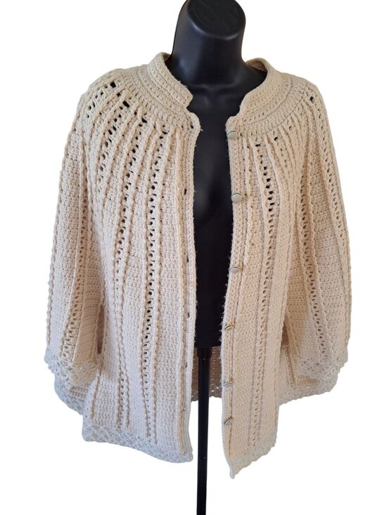 Handmade Jackets & Blazers - Handmade Cream Crochet Cape With Button Closure Beautiful Cottagecore RARE OS